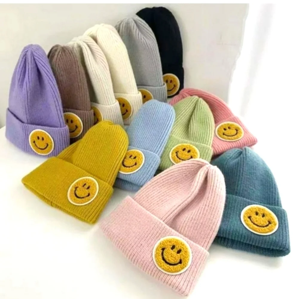New Bundle of 2 Knit Ribbed Smiley Face Hat Beanies, y2k, Light Pink & Coral - Picture 2 of 4